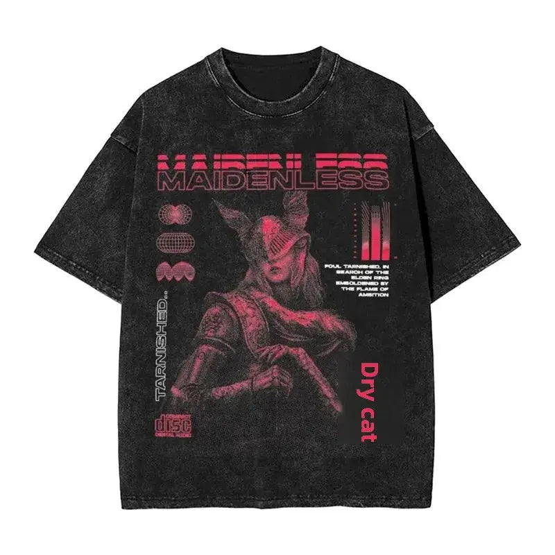 Y2K Washed Fun Malikeths Male Messmer Ringed T Eldened Cotton Crew Neck Short Sleeve T-Shirt Stereo Decoration Female Clothing Markonline