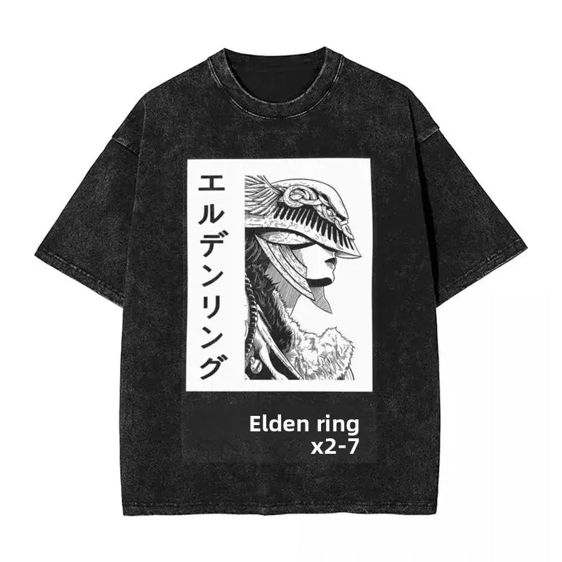 Y2K Washed Fun Malikeths Male Messmer Ringed T Eldened Cotton Crew Neck Short Sleeve T-Shirt Stereo Decoration Female Clothing Markonline