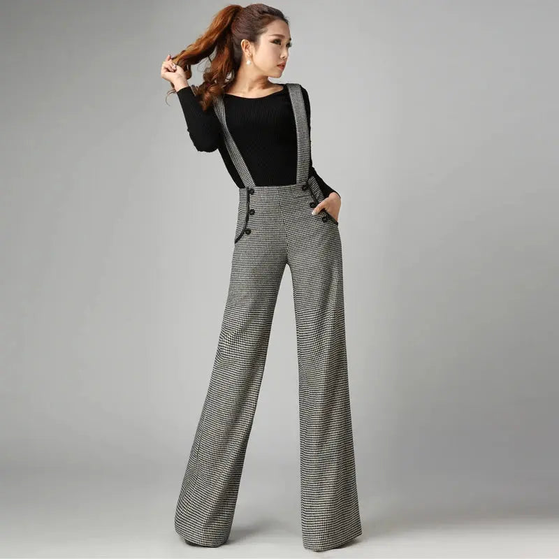 Thickening Woolen Wide Leg Pants Female Pants Feet Suspenders Long Trousers  Plus Size  Women Pants High Waist Plaid Pants
