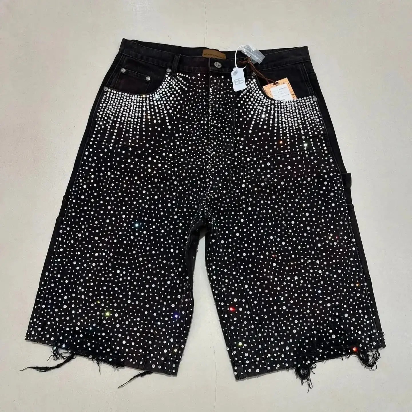 Streetwear Couple Vintage Rhinestone Sequined Denim Shorts Y2K Cowboy Hip Hop Denim Loose Sport Shorts Denim Casual Shorts