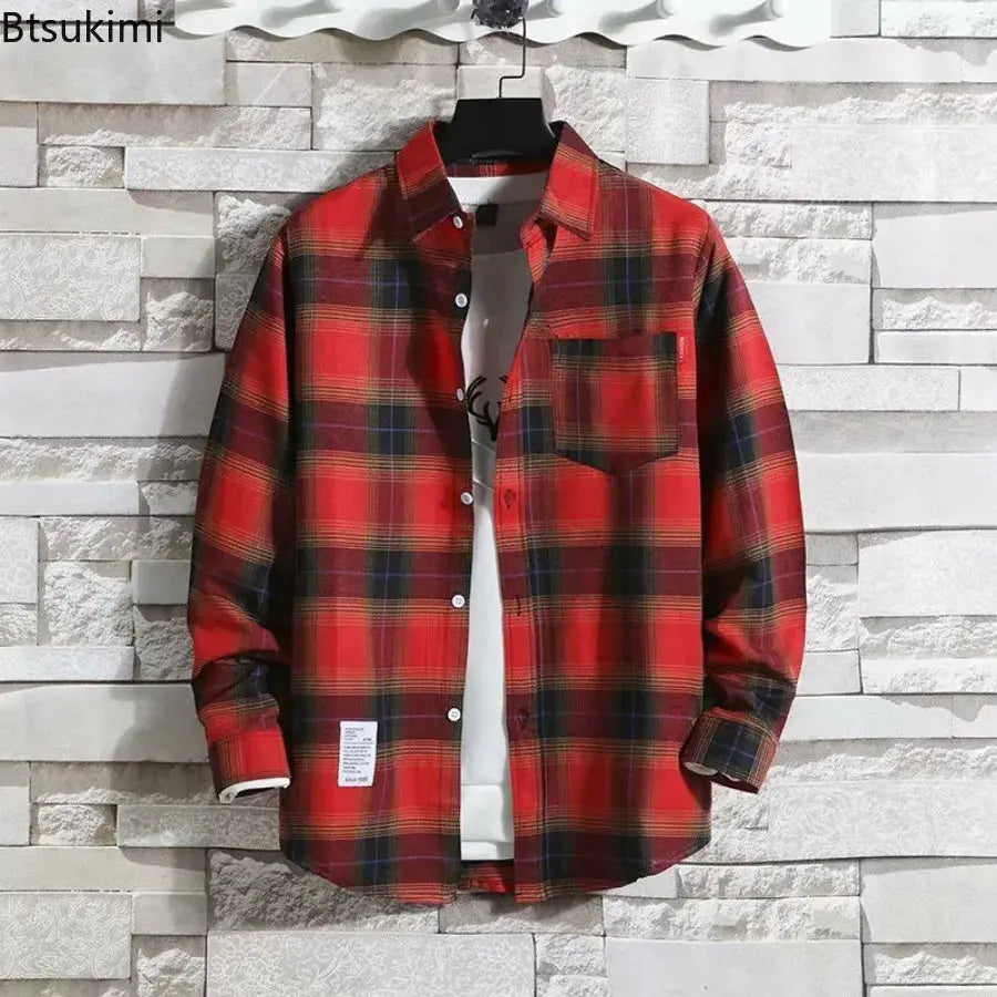 Spring New Korean Style Plaid Shirts Men's Handsome Long-sleeved Loose Casual All-matching Shirt Coats 2025 Trend Men's Clothing Markonline