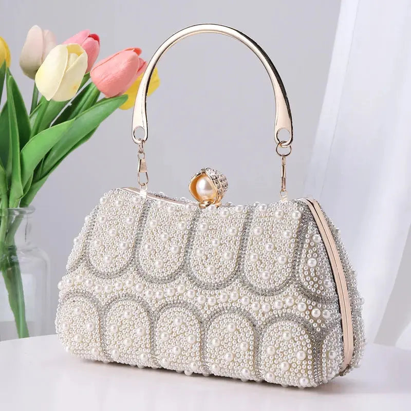 Women Pearl Clutch Bag Noble Crystal Beaded Evening Bag Wedding Clutch with Pearl Chain Handle Crossbody Shoulder Bag Handbag