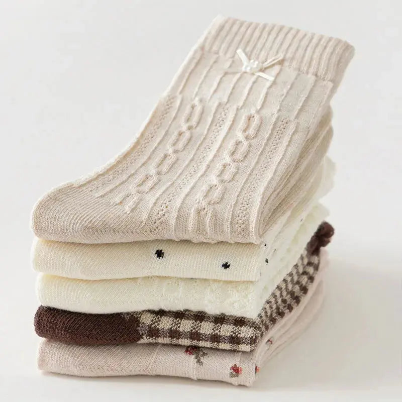 5 Pairs Autumn Winter Socks Girls Maillard Style Cotton Socks A Class Baby Mid Calf Socks Children Medium Socks Baby Kids Socks