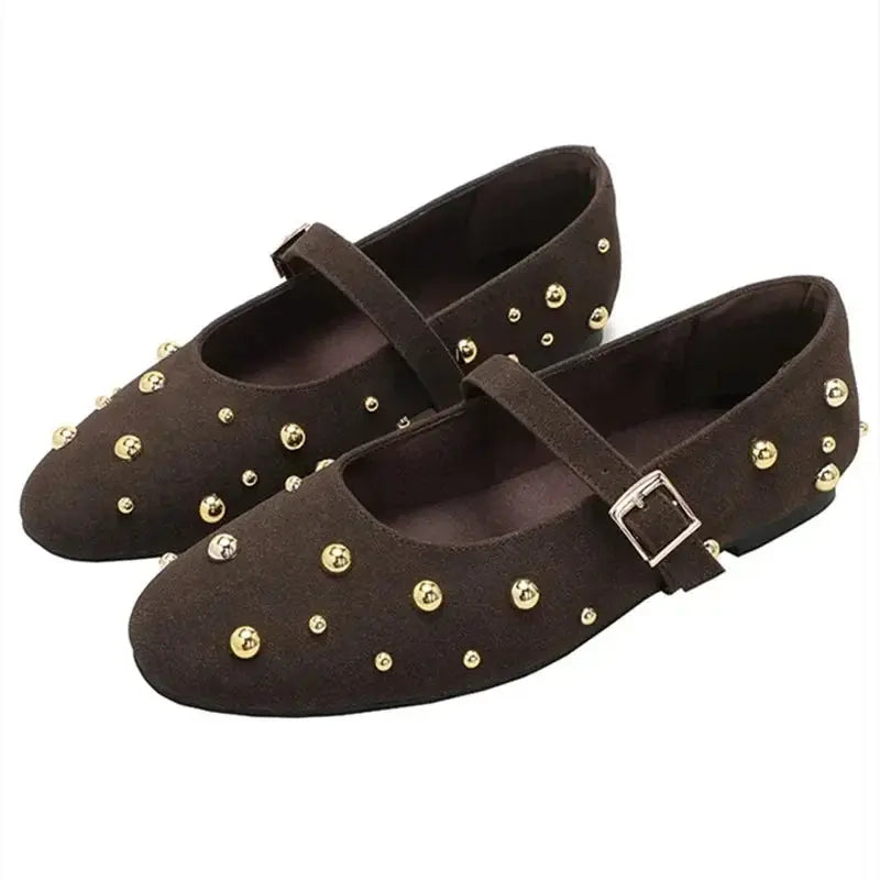 Cool Gold Rivets Design Ballet Flats Women Faux Suede Belt Metal Buckle Low Heel Women Shoes Non-slip Soft Sole Mary Jane Shoes
