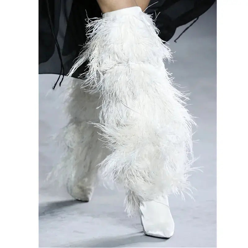 Feather Women's High Boots Suede Cross-tied Pointed Toe Party High Heel Shoes Sexy Ostrich Feather Women's Over The Knee Boots