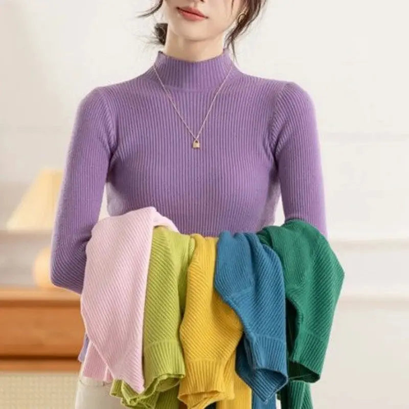 High Collar Winter Knit Pullover for Women