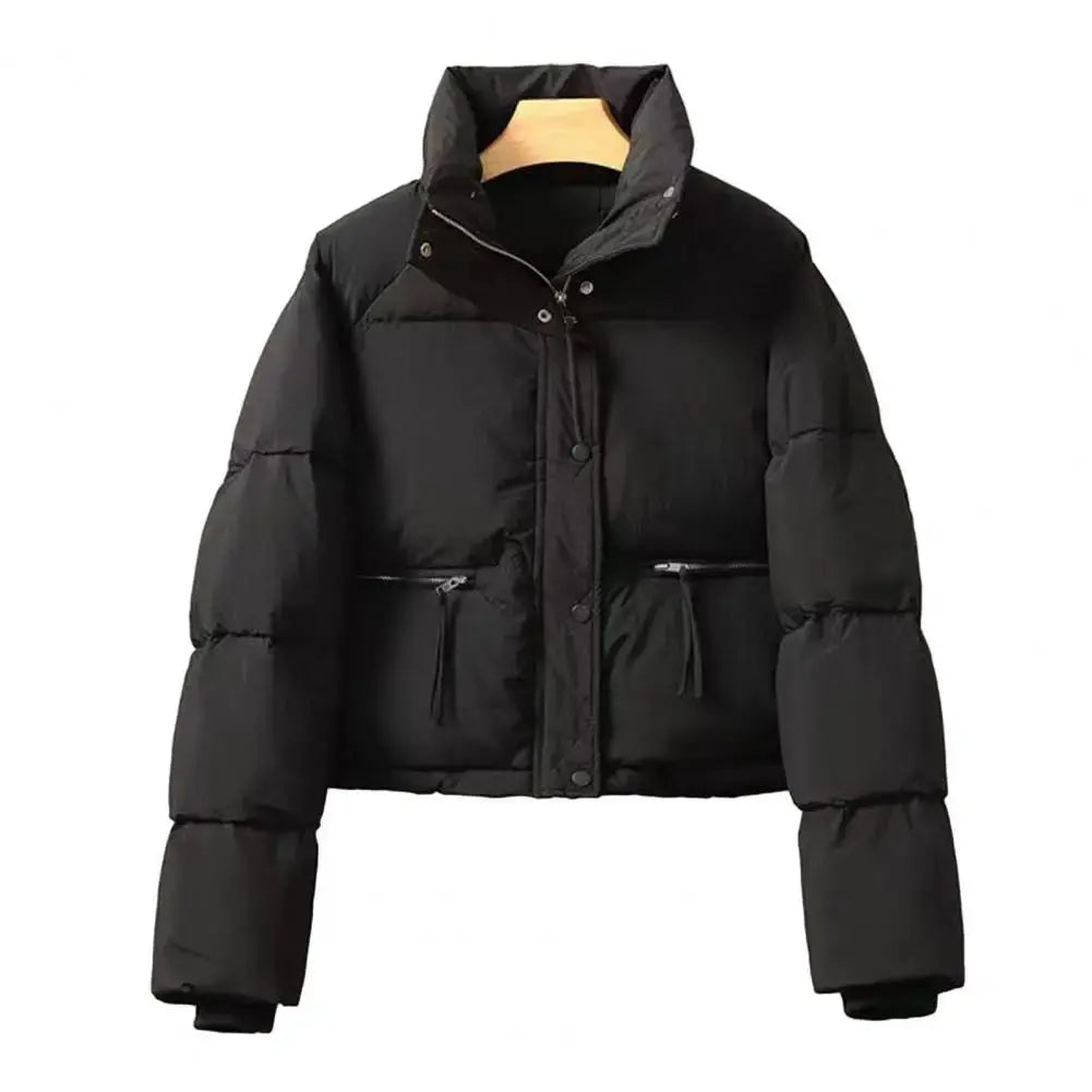 Women Winter Cotton Coat Thickened Padded Stand Collar Neck Protection Short Windproof Long Sleeve Women Down Coat Jacket