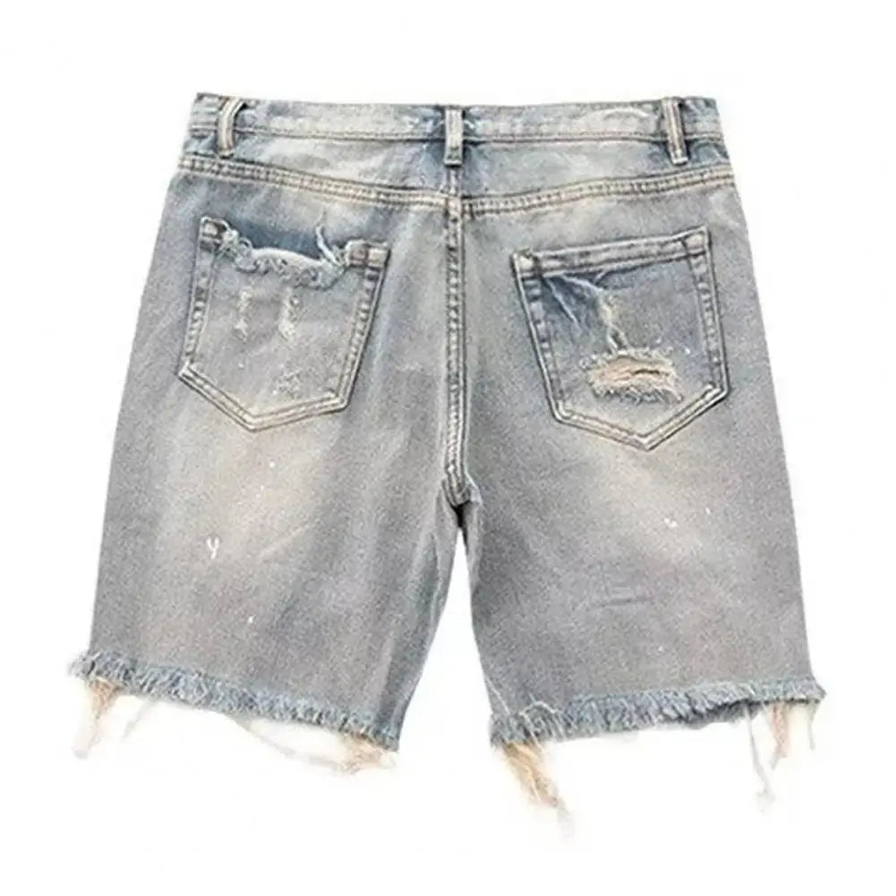 Ripped Holes Denim Shorts Men's Summer Distressed Denim Shorts Stylish Button Fly Multi-pocket Design Slim Fit for Youthful