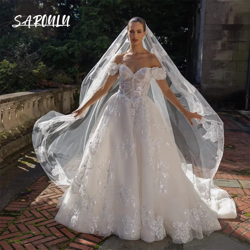 Off Shoudler Ball Gown Wedding Dress for Women with Sequins Floral Appliques Corset Ilusion Bride Dresses Bridal Gown