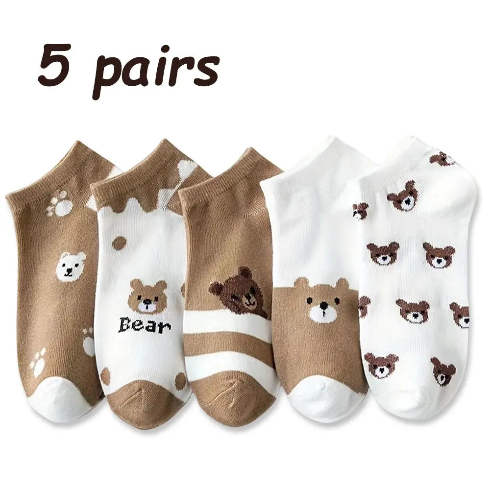 5/10 Pairs Of Cartoon Bear Pattern Socks Cute And Breathable Ankle Socks Women S Stockings And Socks