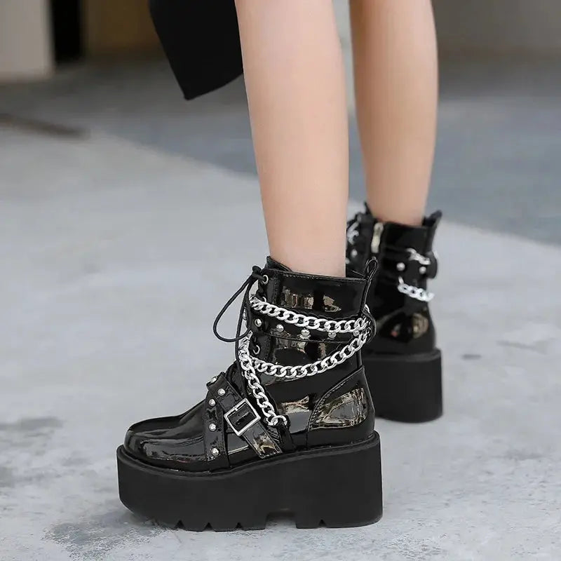 Women Boots Square Heel  boots platform shoes goth Band Thigh High Shoes Black Spring winter boots