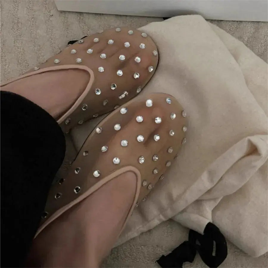 Runway Women Mesh Ballet Flats Dance Flat Shoes Crystal Studded Walking Loafers Casual Espadrilles Ladies Slip-on Lazy Shoes