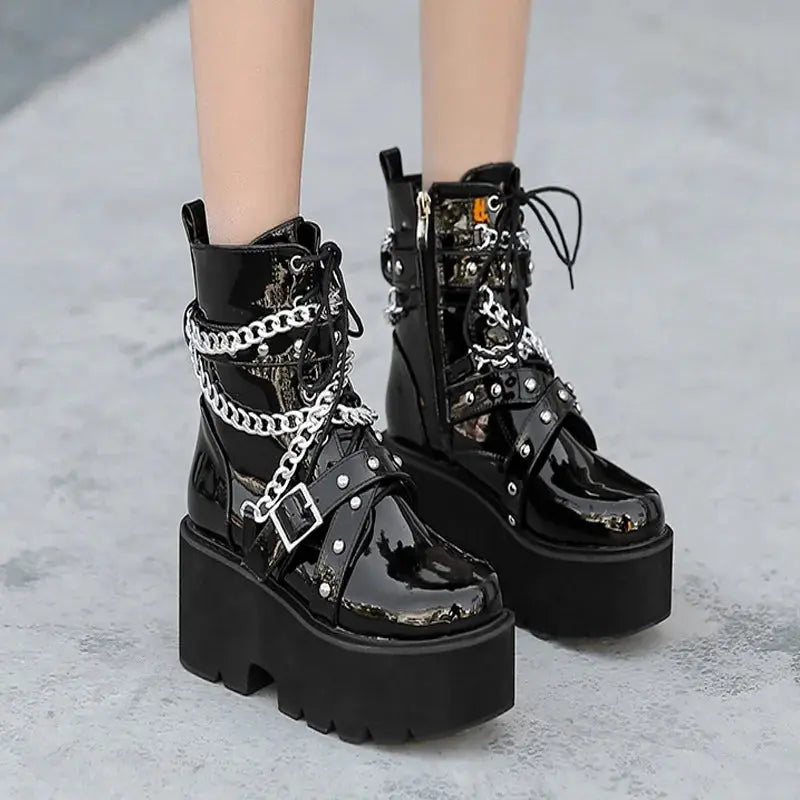 Women Boots Square Heel  boots platform shoes goth Band Thigh High Shoes Black Spring winter boots