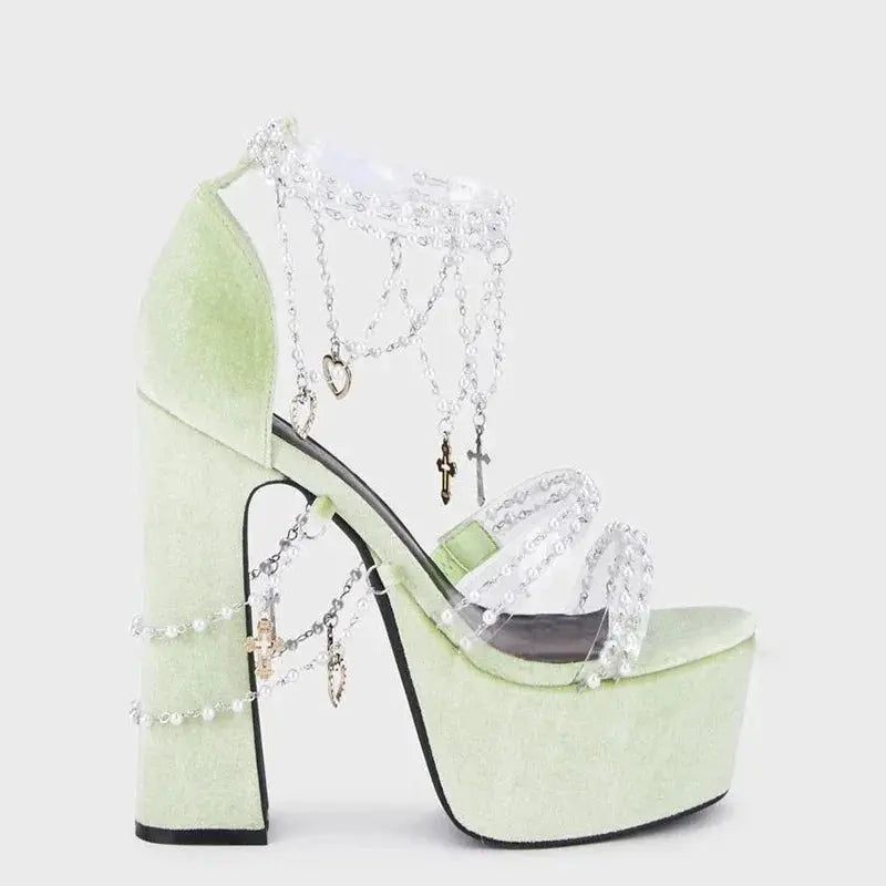 Lolita Pearls Heart Chains Purple Velvet Platform Sandals Chunky High Heel Beads PVC Straps Wedding Shoes Jewerly Ladies Pumps
