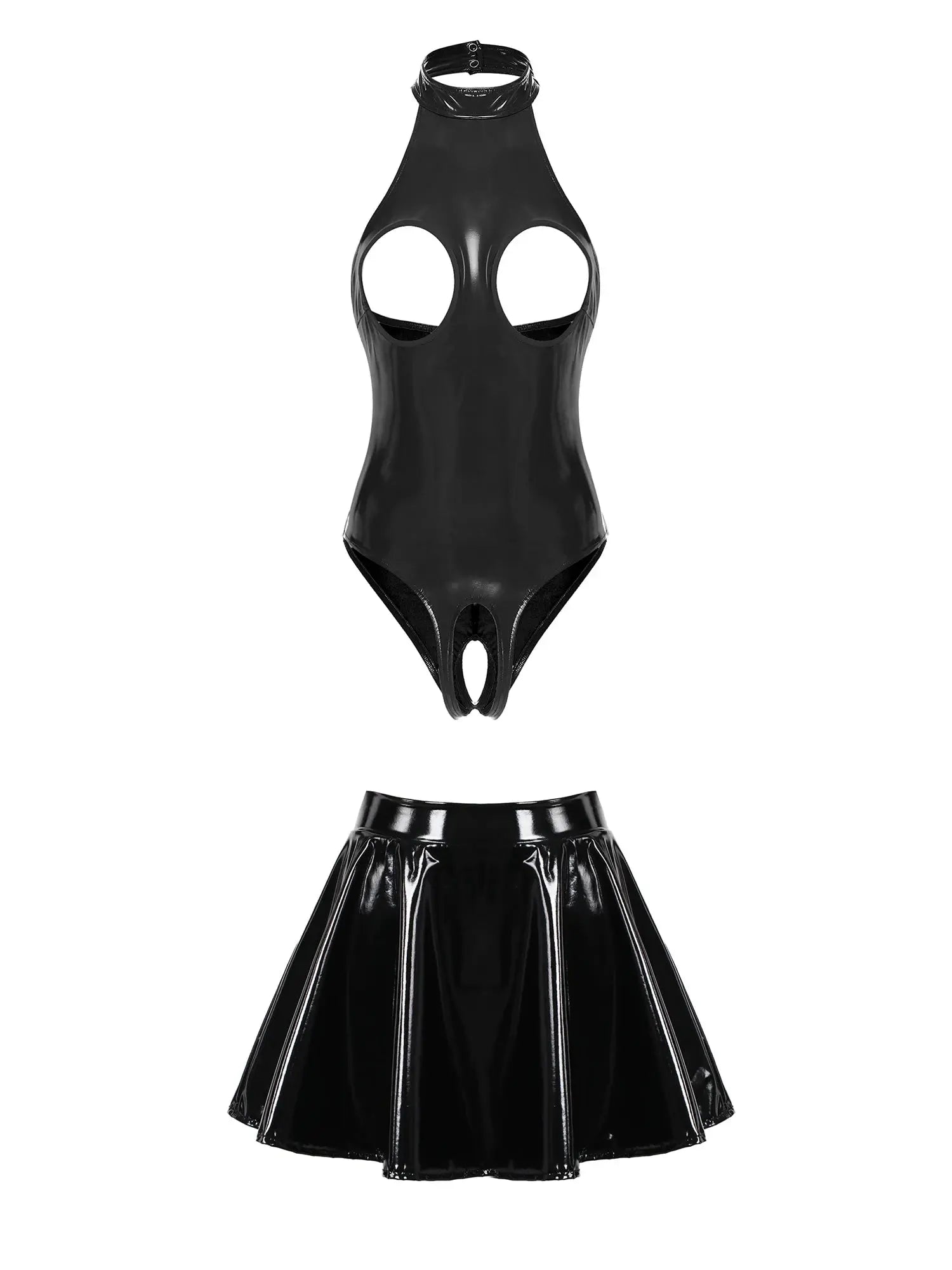 Crotchless Patent Leather Bodysuit & Mini Skirt Set