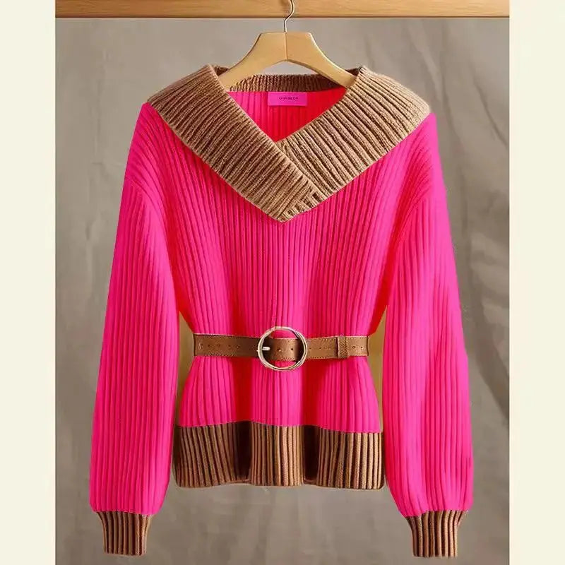 New Korean High-end V Neck Knitted Sweater Women Pullover Spring Autumn Long Sleeve Patchwork Knitwear Loose Jumper Sweater Tops