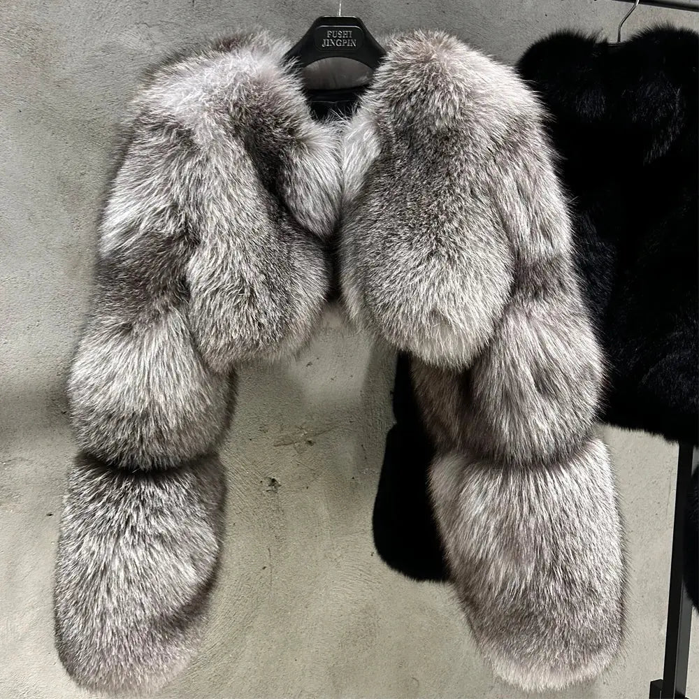Cropped Sliver Blue Fox Fur Coat Women Real Fox Fur Coat Winter Natural Fox Fur Outerwear