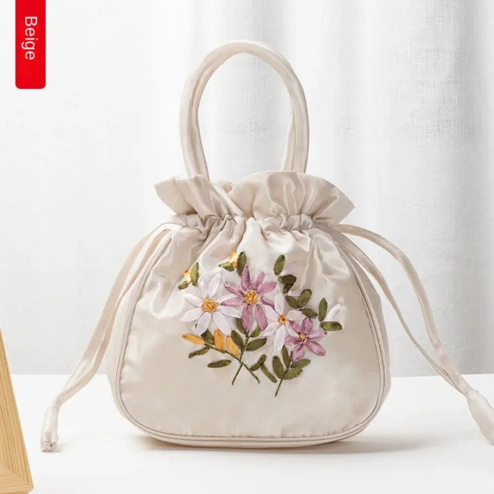 Small Women Bucket Bag Top Handle Ladies Handbag Phone Bag Summer Purse National Style Embroidered Flower Pattern Drawstring Bag