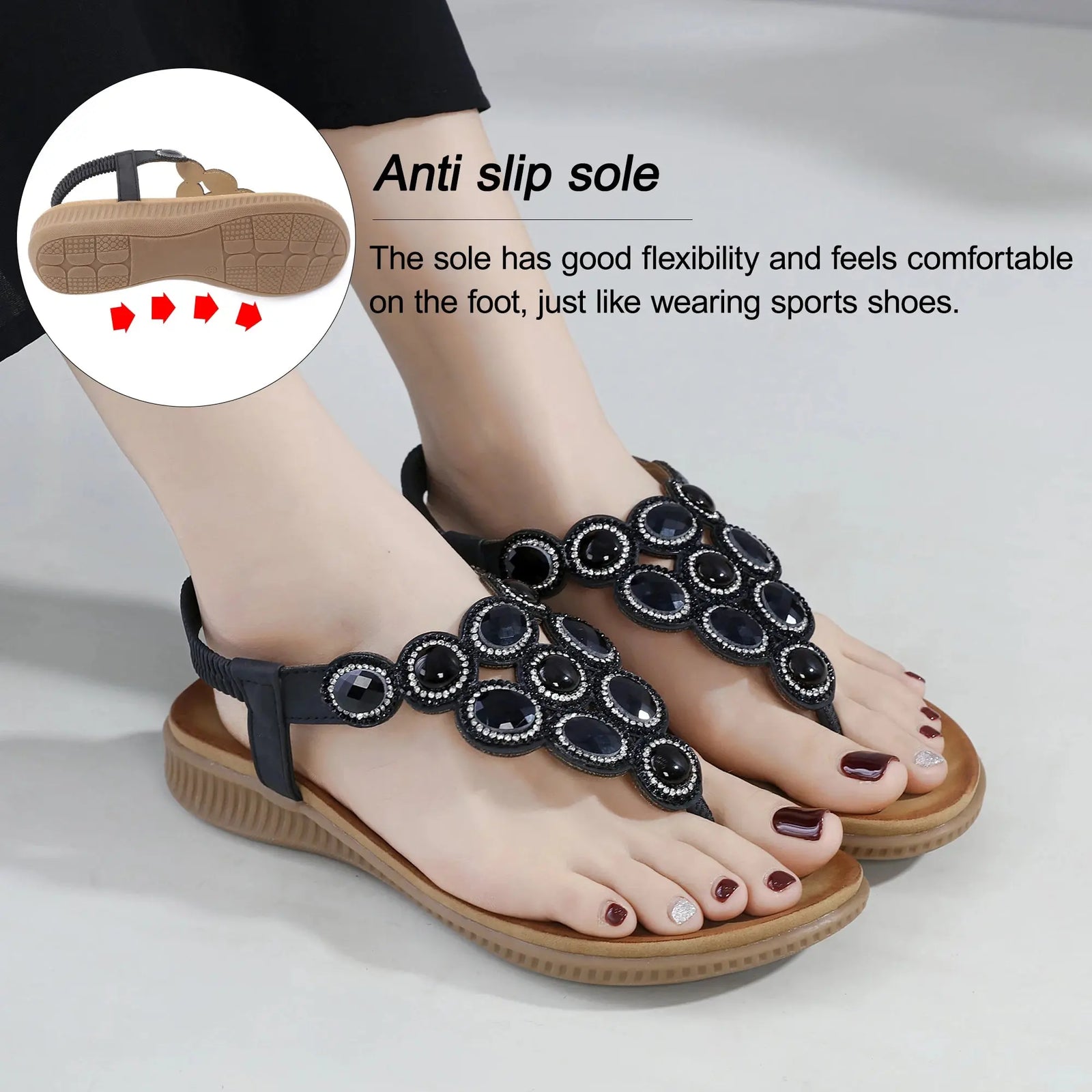 Women Flat Sandals Summer Comfortable Dressy Flip Flop Sandals Rhinestone Bohemian Beach Shoes