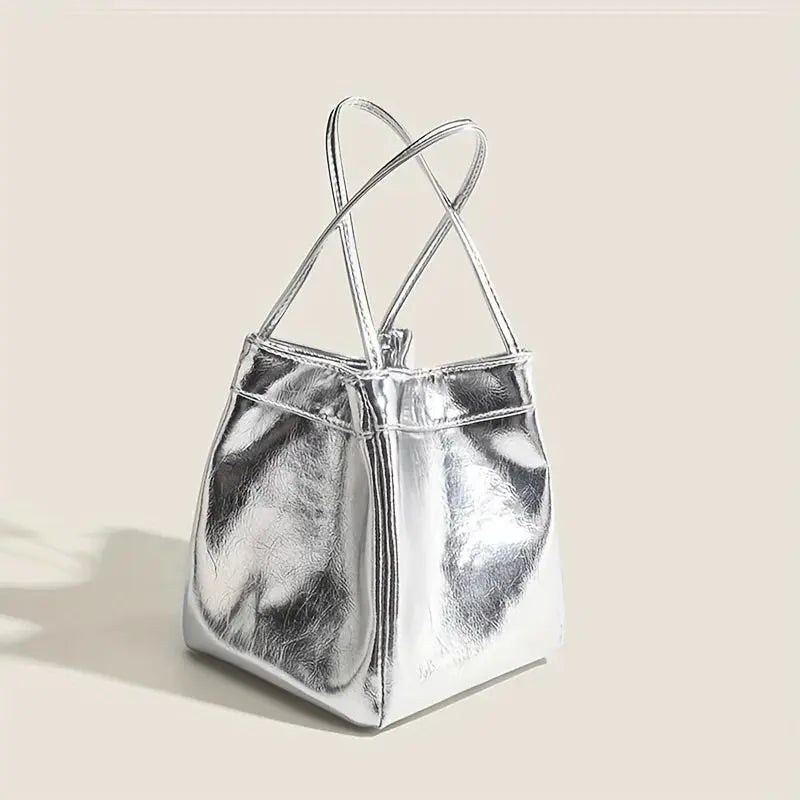 Sparkling Silver Mini Fashion Drawstring Bucket Bag, PU Sparkling Handbag, Women's Fashion Handbag and Wallet