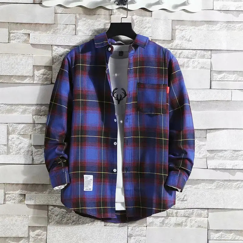 Spring New Korean Style Plaid Shirts Men's Handsome Long-sleeved Loose Casual All-matching Shirt Coats 2025 Trend Men's Clothing Markonline