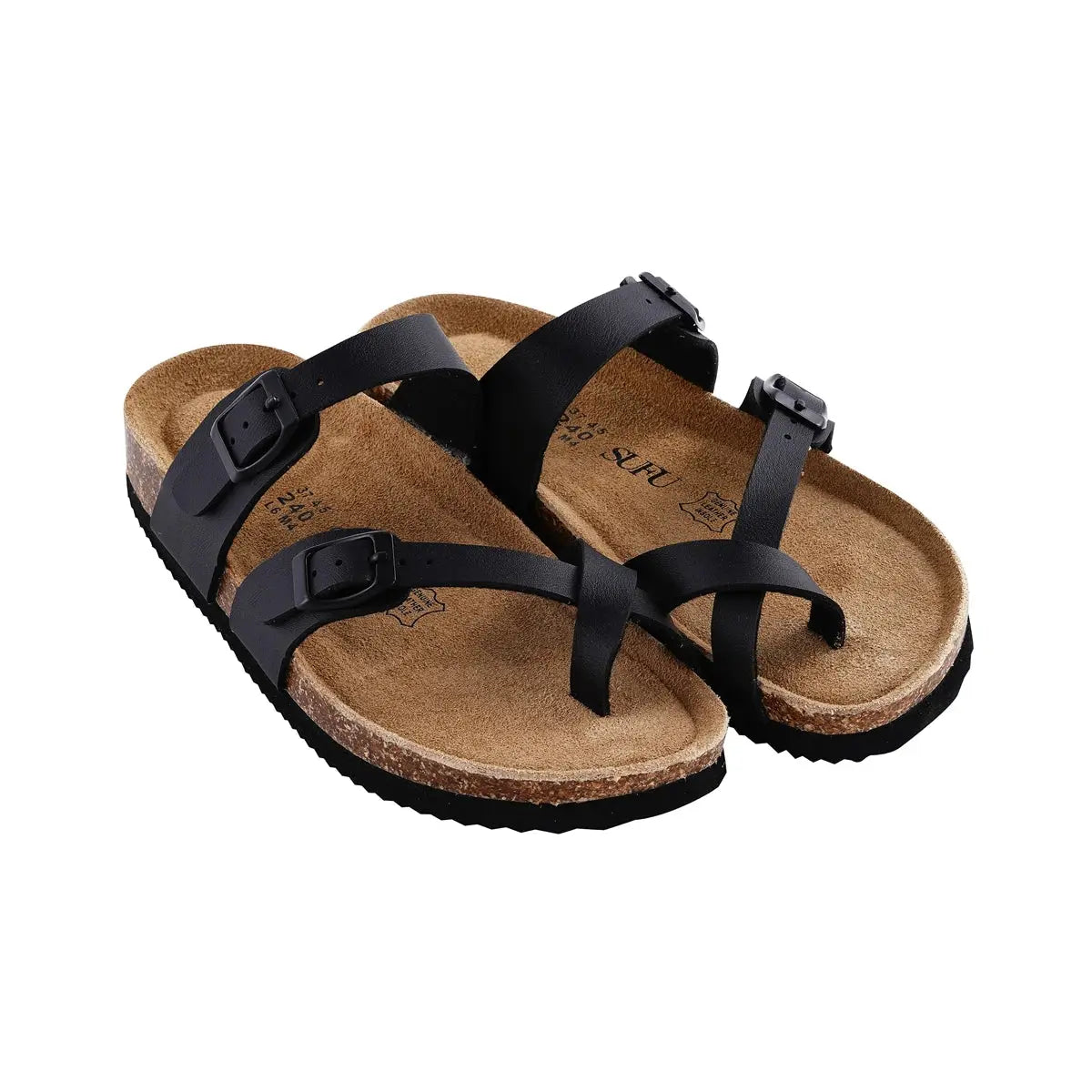SUFU Summer Cork Sandals Women's Leather Clogs Slippers Black Classic Buckle Cork Slides Slippers Casual Slippers