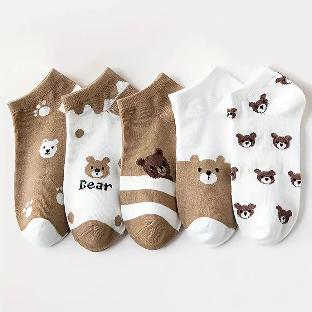 5/10 Pairs Of Cartoon Bear Pattern Socks Cute And Breathable Ankle Socks Women S Stockings And Socks