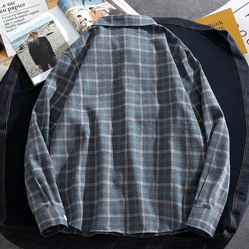Men's Casual Plaid Shirts Autumn Fashion Long-sleeved T-shirts Korean Loose High Street Shirt Outwear Young Adults Spring Top