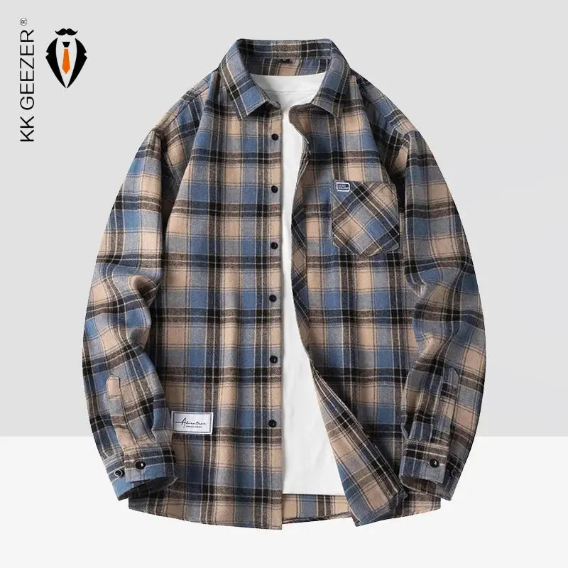 Men Shirt Plaid Flannel Spring Autumn Long Sleeve Blue Loose Mens Casual Shirt Oversized Business Male Soft Dress Shirt Markonline