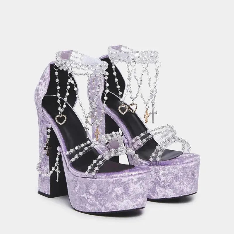 Lolita Pearls Heart Chains Purple Velvet Platform Sandals Chunky High Heel Beads PVC Straps Wedding Shoes Jewerly Ladies Pumps