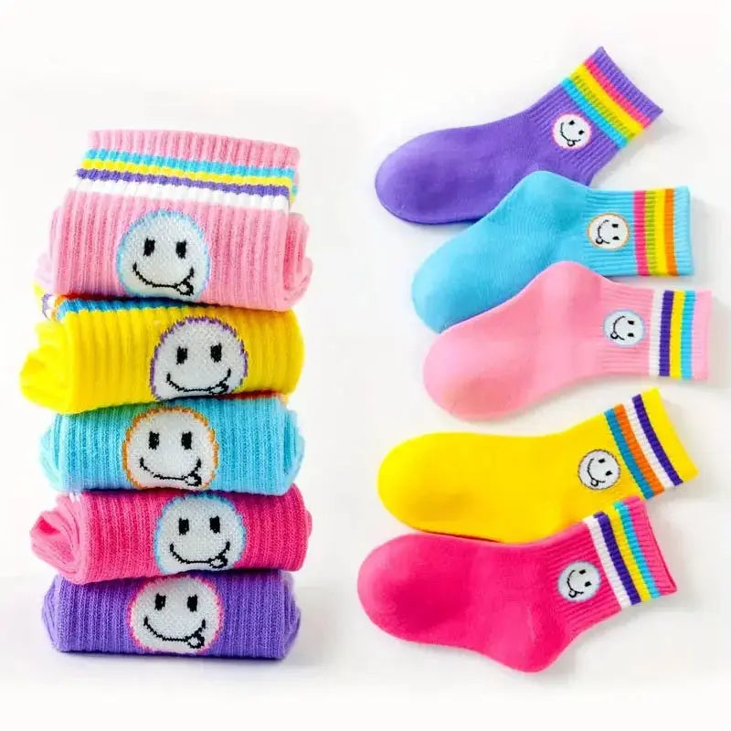 5 Pairs Girls Socks Cute Cartoon Emoticons Face Pattern Comfortable Breathable Ankle Socks For Kids