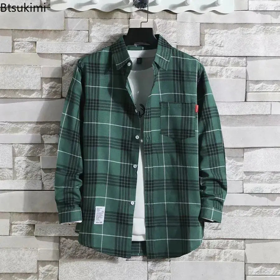 Spring New Korean Style Plaid Shirts Men's Handsome Long-sleeved Loose Casual All-matching Shirt Coats 2025 Trend Men's Clothing Markonline