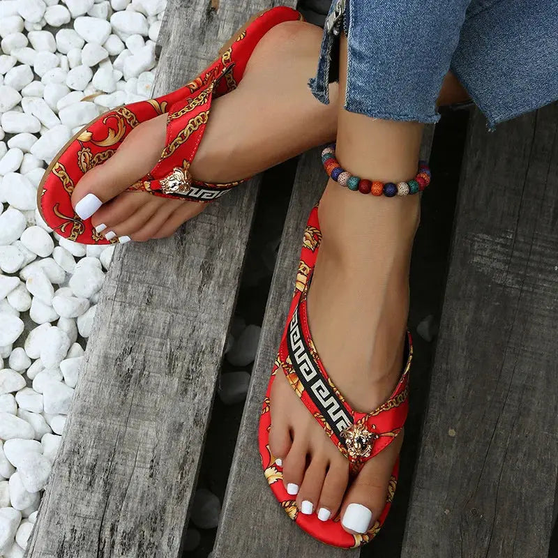 Summer New Flip Flops Women Large Size Flat Printing Fashion Beach Sandals Women Home Slippers Shoe Casual Beach Slides Feminino