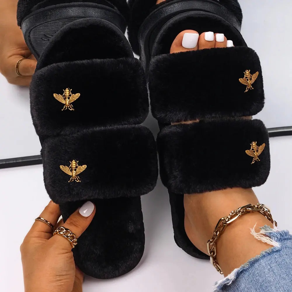 2022 Fluffy Slippers Women Faux Fur Slides Indoor Slippers Female Flip Flops Plush Sandals Flat Open Toe Luxury Designer Shoes