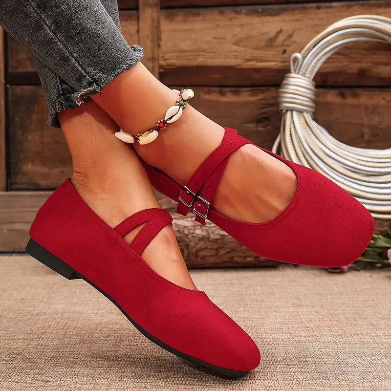 Double Buckle Red Ballet Flats Women 2025 Brand Designer Square Toe Mary Jane Shoes Woman Faux Suede Casual Shoes Female