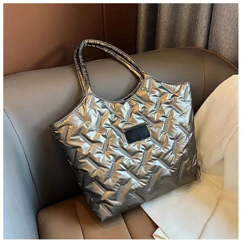 Women Padded Tote Bag Versatile Solid Puffer Bag Big Capacity Quilted Shoulder Bag Casual Winter Commuting Bag