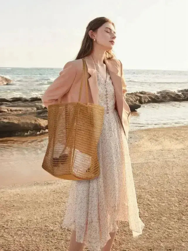 Mesh Beach Tote Bag Women Shoulder Hobo Handbag 23L Large Grocery Tote Bag Casual Shopping Bag Vacation Travel Pool