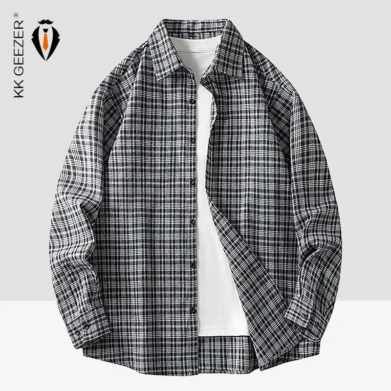 Men Shirt Plaid Flannel Retro Long Sleeve Oversized Loose Cotton Casual Male Youth Design Soft Fall Black Formal Dress Shirt