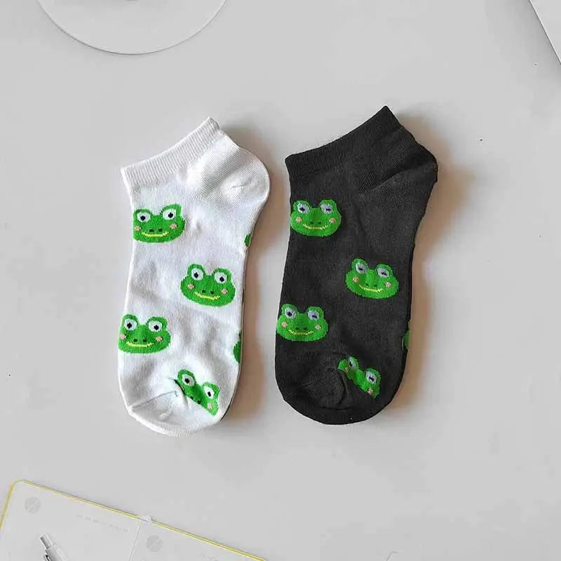 2 Pairs Women Ankle Socks Cartoon Frog Print Japanese Harajuku Fashion Street Spring Autumn Breathable Cute Girl Short Socks