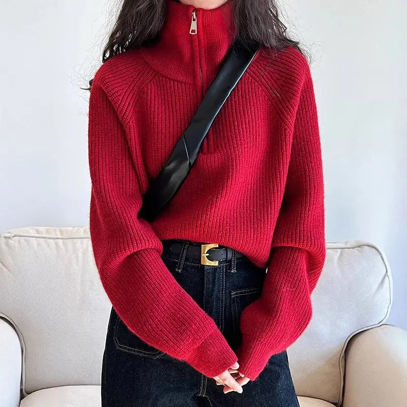 Chunky High Neck Sweater Zip Front Long Sleeve Knitted Pullover Women Cozy Crop Jumper Teen-girl Fall Winter Basic Chic Knitwear