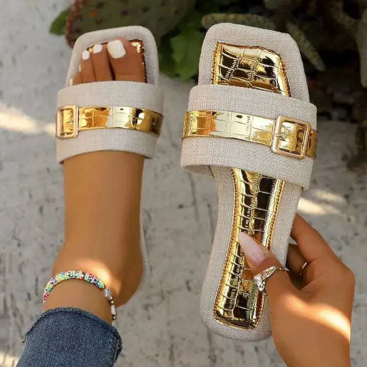 Golded Women Slippers Summer 2025 Fashion Square Toe Flat Sandals Woman Comfortable Non Slip Beach Slides Flip Flops