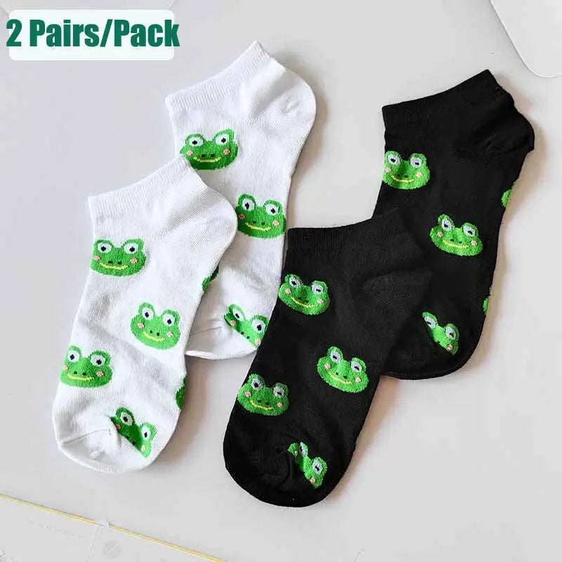 2 Pairs Women Ankle Socks Cartoon Frog Print Japanese Harajuku Fashion Street Spring Autumn Breathable Cute Girl Short Socks