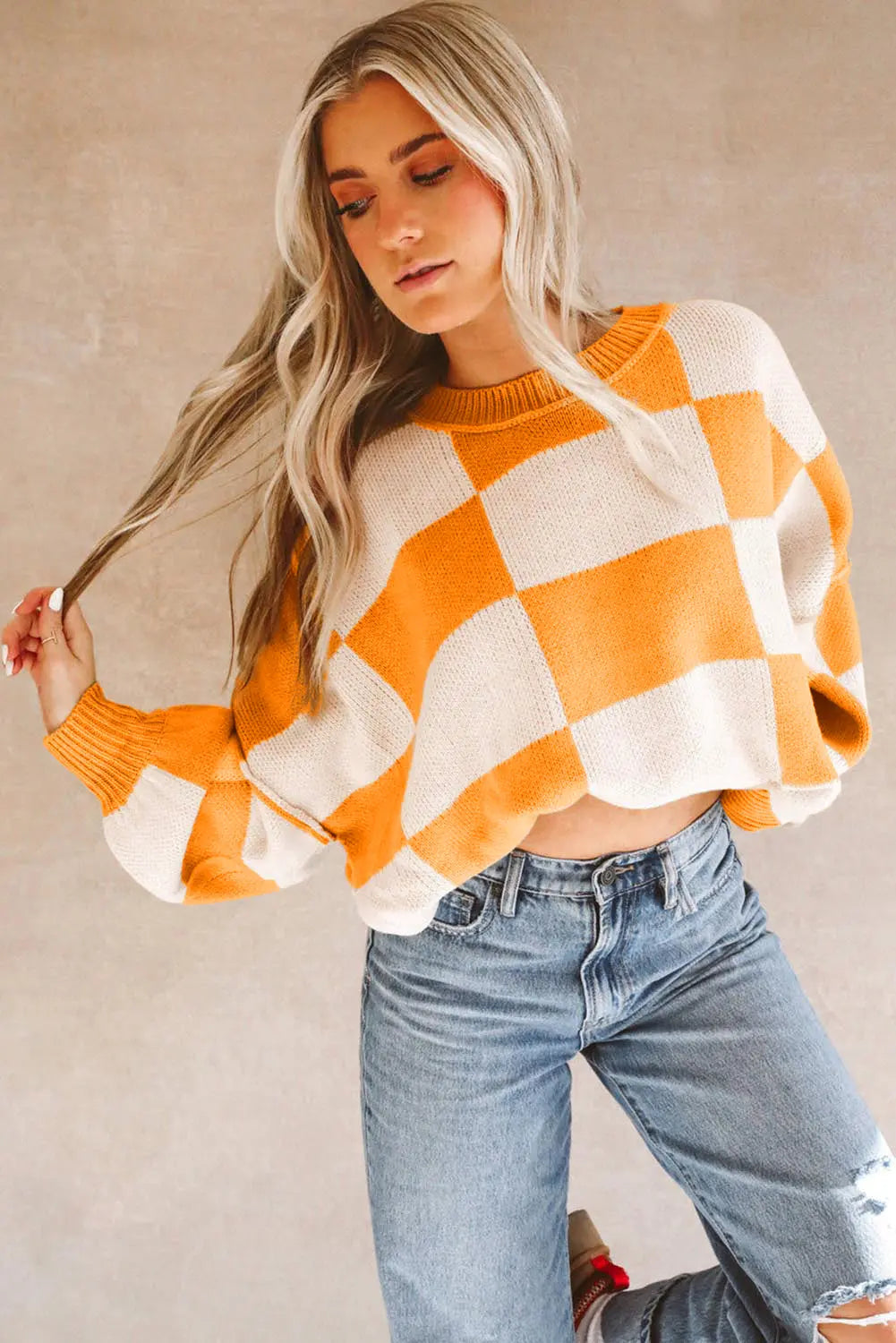Orange Checkered Bishop Sleeve Sweater Dear-Lover Dropshipping