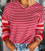 Strawberry Pink Mix Striped Drop Shoulder Patchwork Sleeve V Neck Pullover Dear-Lover Dropshipping