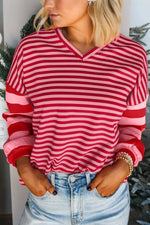 Strawberry Pink Mix Striped Drop Shoulder Patchwork Sleeve V Neck Pullover Dear-Lover Dropshipping