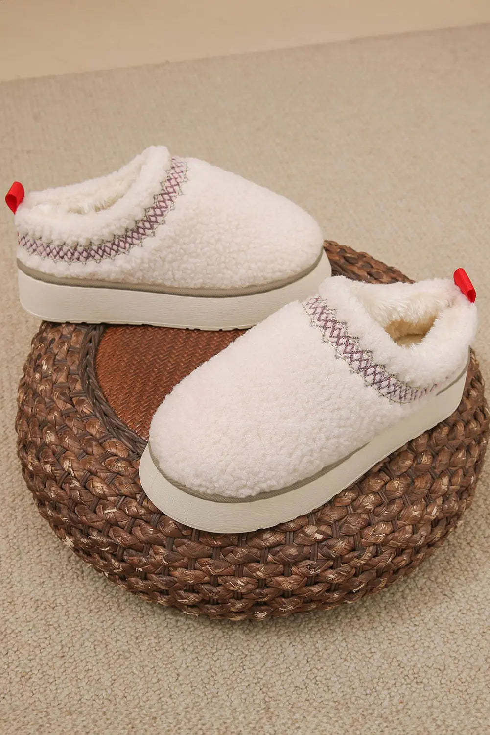 White Embroidered Sherpa Plush Thick Sole Winter Slippers Dear-Lover Dropshipping