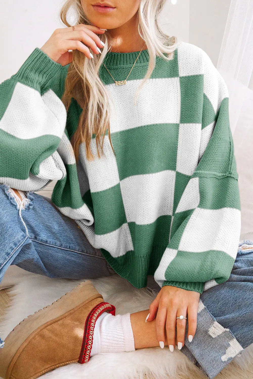 Green Checkered Bishop Sleeve Sweater Dear-Lover Dropshipping