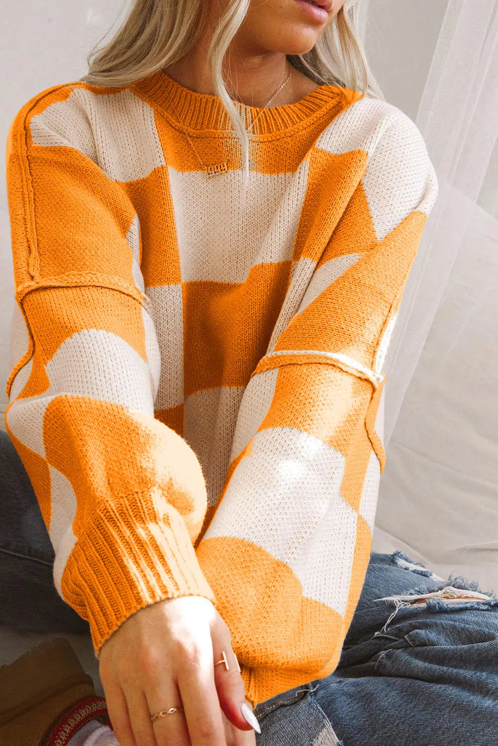 Orange Checkered Bishop Sleeve Sweater Dear-Lover Dropshipping