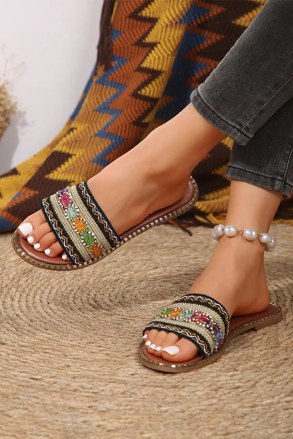 Chestnut Bohemian Pattern Crochet Faux Leather Beach Slippers Dear-Lover Dropshipping