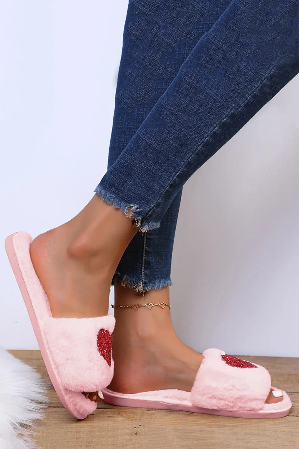 Pink Sequin Heart Shaped Slip On Plush Slippers Dear-Lover Dropshipping